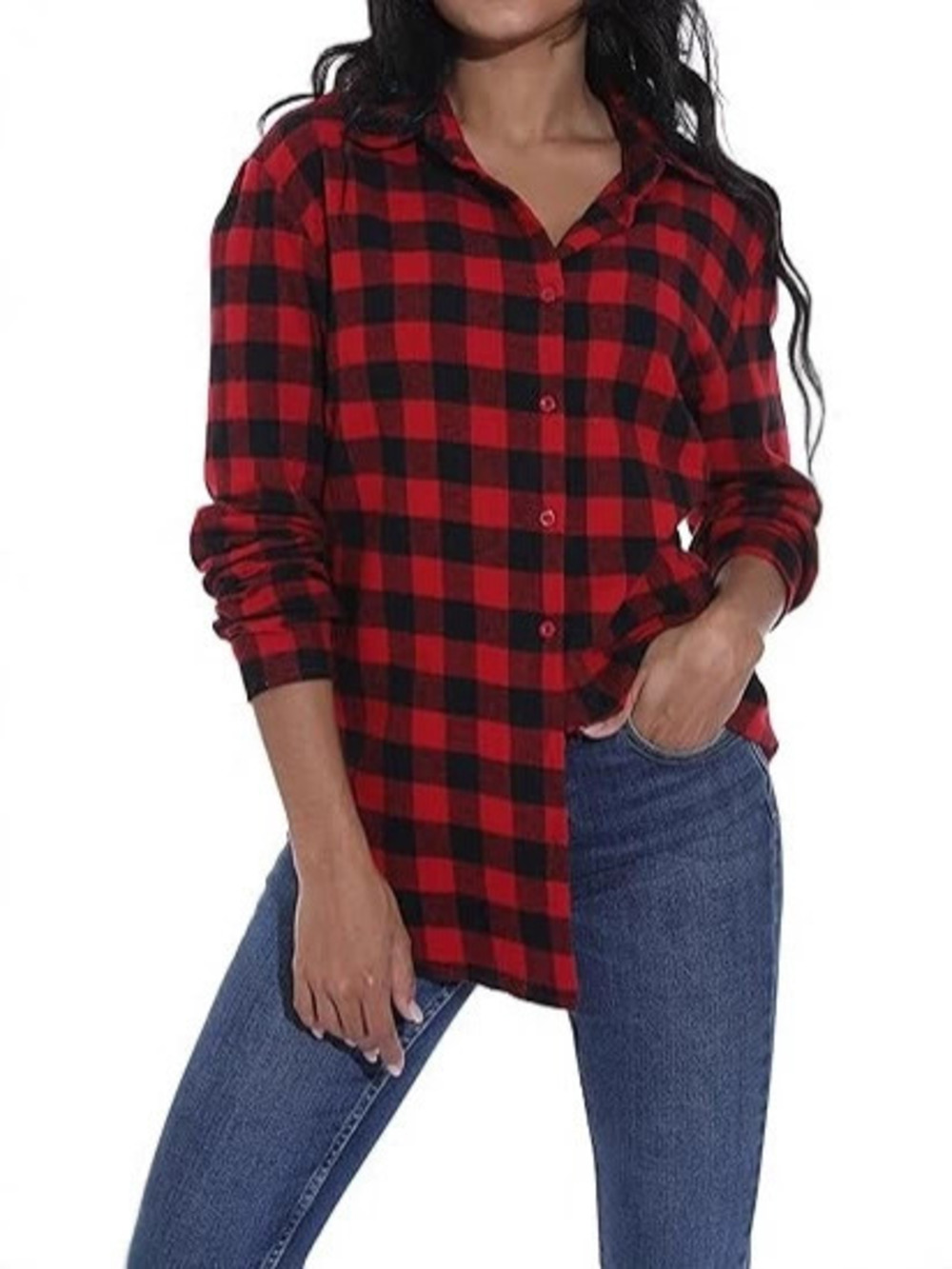 ZARA Womens Retro Plaid Long Sleeve Shirt Loose Fit Black Red Autumn Winter